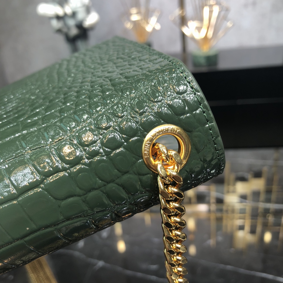 Saint Laurent Kate Tassel Medium Crocodile Embossed Calfskin Shoulder Bag Army Green 354119 Gold